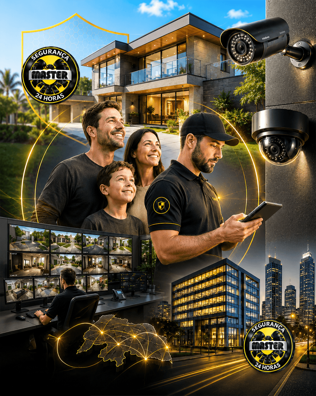 Família protegida, equipe de monitoramento e CFTV da Master Segurança Eletrônica 24 horas